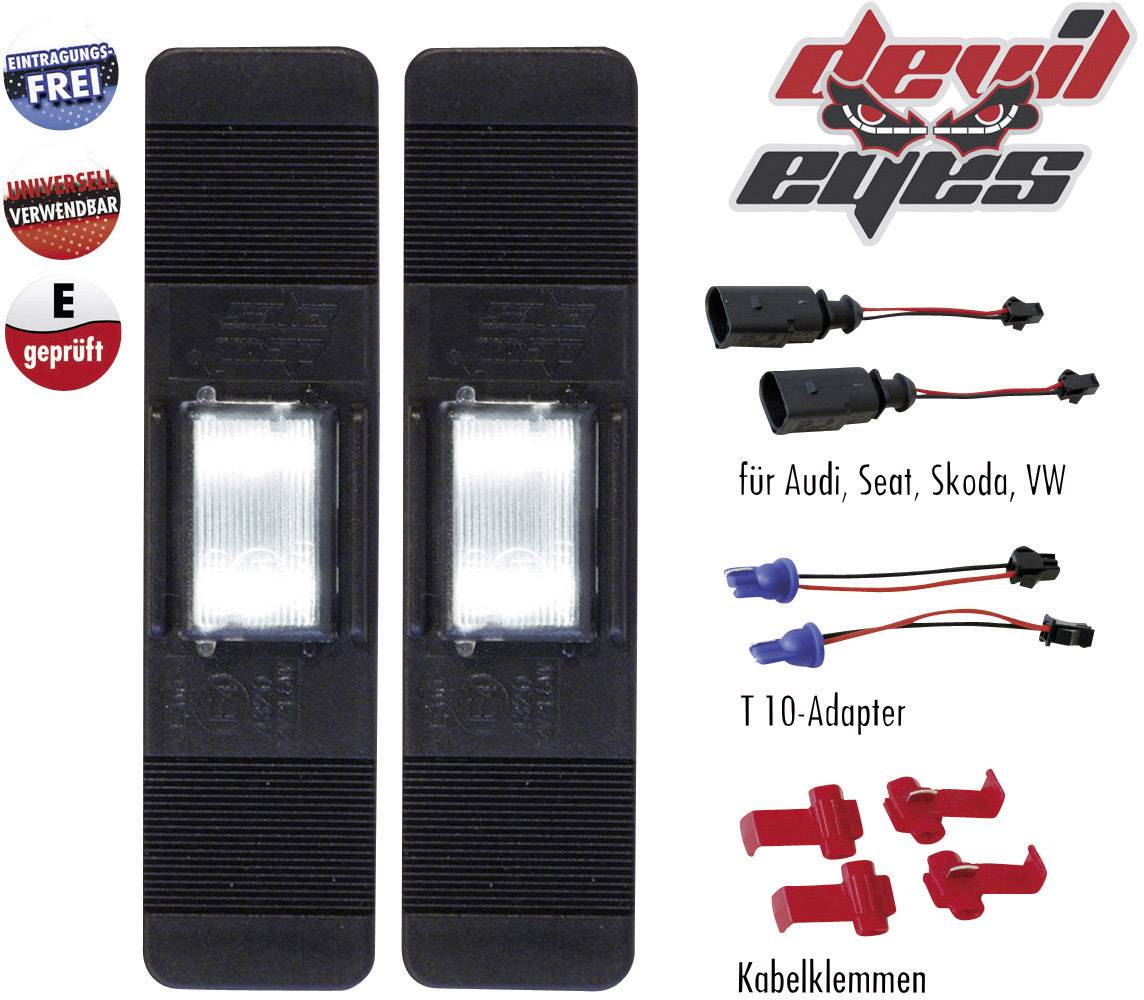 Deux modules de phares avec logo 'devil eyes', adaptés pour Audi, Seat, Skoda, VW. Comprend des adaptateurs et des attaches de câbles.