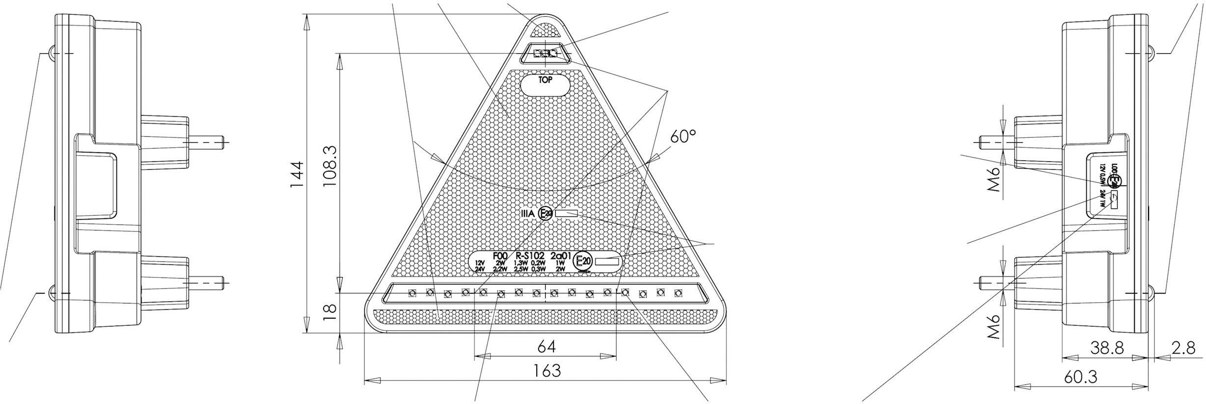 Dessin technique triangulaire d'un appareil électronique avec dimensions et angles. Il présente une vue de face et de côté avec des détails techniques.