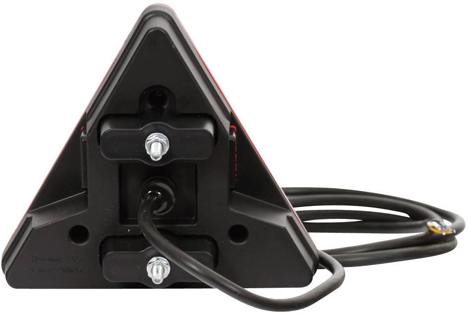 Feu arrière triangulaire prêt à être raccordé avec câble, vue de derrière. Les composants principaux sont deux vis de fixation et un câble.