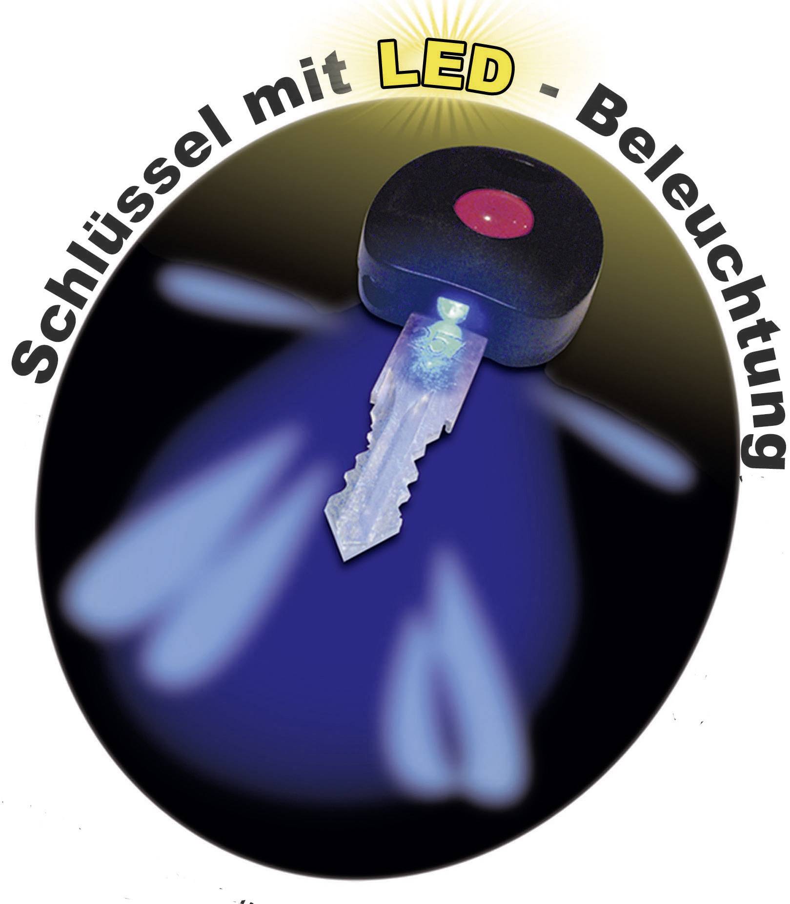 Une clé avec éclairage LED, qui brille en bleu. En haut est inscrit le texte : 'Clé avec éclairage LED'.