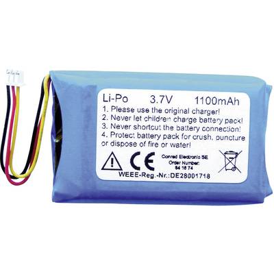 Batterie Li-Po bleue, 3,7V, 1100mAh avec avertissements : utiliser uniquement le chargeur d'origine, tenir hors de portée des enfants, assurer la connexion.