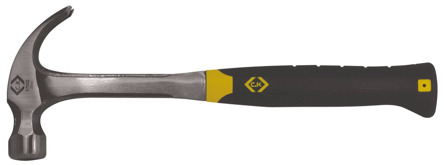 Un marteau à griffes avec un manche noir et des accents jaunes. Le marteau dispose d'une griffe métallique pour extraire les clous.