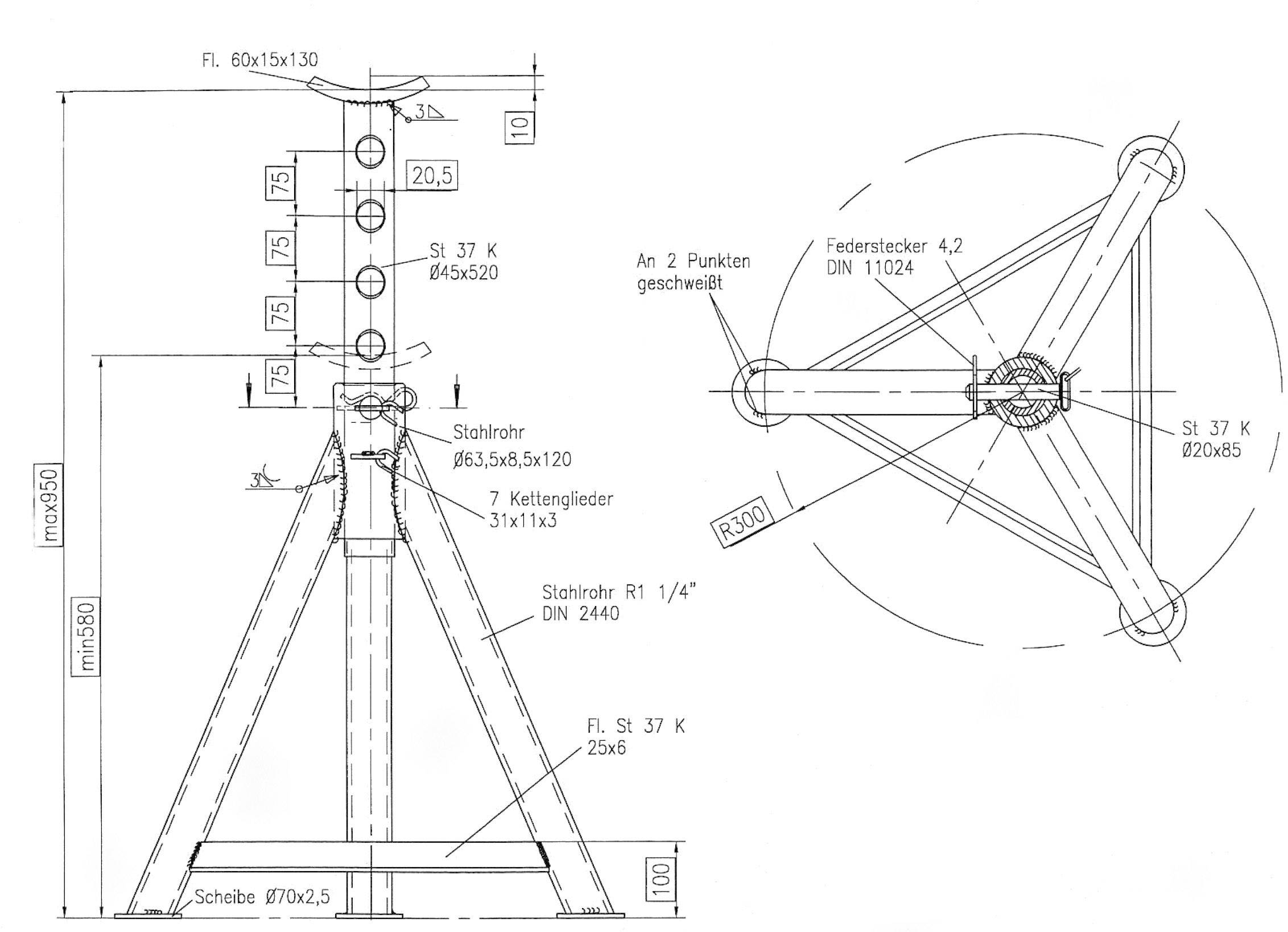 Dessin technique d'un support trépied avec vue détaillée. Les dimensions, les spécifications de matériaux et les annotations sont présentées.