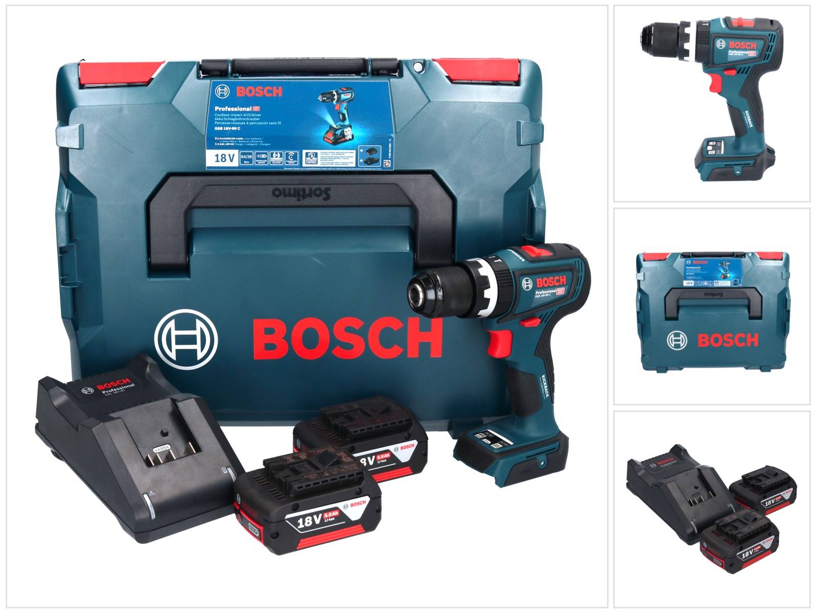Perceuse-visseuse à percussion 18V GSB 18V-90 C + 2 batteries GBA 5Ah + chargeur en coffret L-BOXX - BOSCH - 06019K6106-0