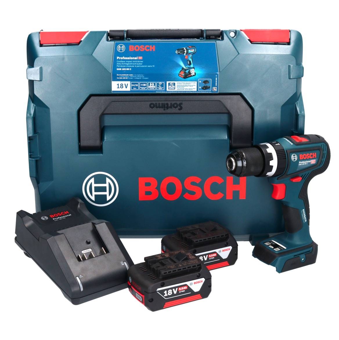 Perceuse-visseuse à percussion 18V GSB 18V-90 C + 2 batteries GBA 5Ah + chargeur en coffret L-BOXX - BOSCH - 06019K6106-1