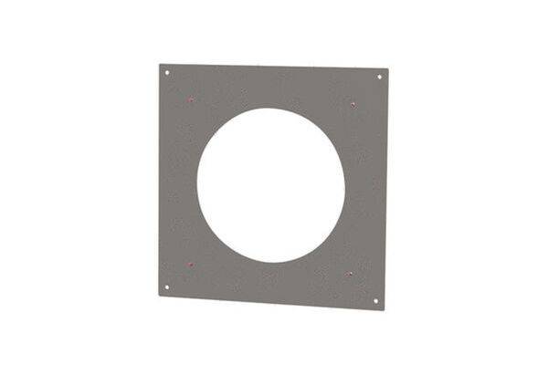Un panneau métallique carré gris avec une grande découpe ronde au centre, probablement adapté à des fins de ventilation ou d'installation.
