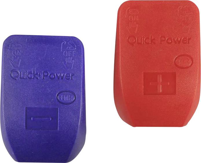 Deux capuchons de batterie, un bleu avec des marquages de polarité négative, l'autre rouge avec des marquages de polarité positive, tous deux portant l'inscription 'Quick Power'.
