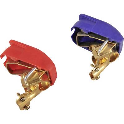 Deux fiches secteur triphasées, l'une rouge et l'autre bleue, en métal avec des capuchons en plastique, toutes deux orientées vers la droite.
