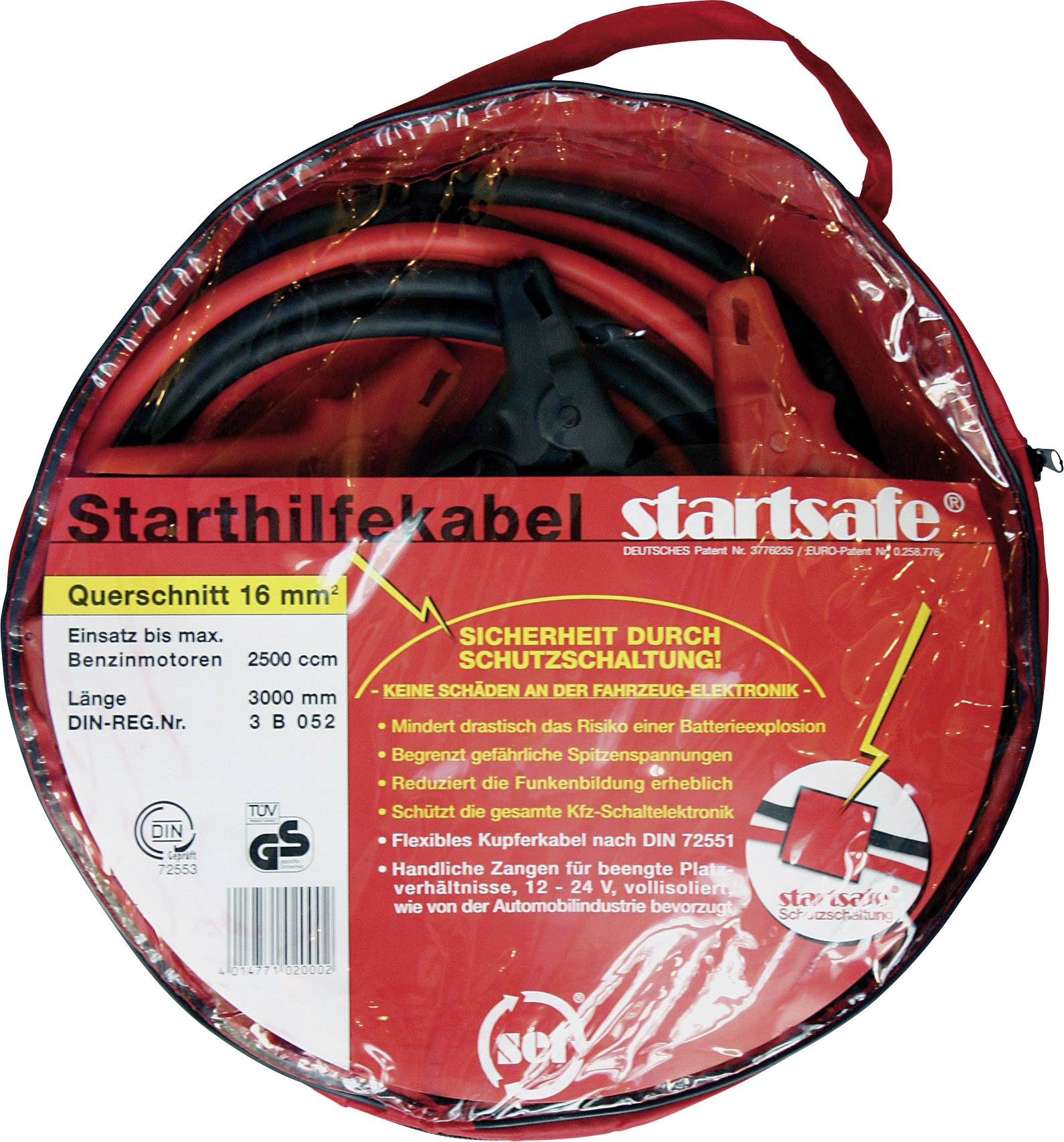 Câbles de démarrage dans un sachet rouge, section de 16 mm², utilisables pour moteurs à essence jusqu'à 2500 cm³. Avec protection contre les courts-circuits.