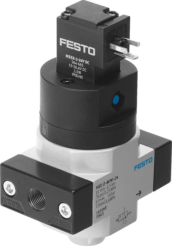 FESTO Distributeur de mise en circuit 165074 HEE-3/8-D-MINI-24 24 V Matériau du boîtier Aluminium coulé sous pression Matériau isolant NBR 1 pc(s)