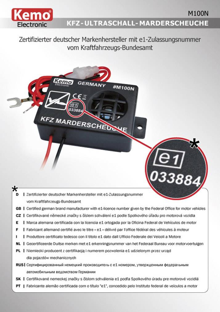 'Répulsif à ultrasons anti-fouines pour véhicules de Kemo Electronic, modèle M100N. Certifié par l'Office fédéral des transports motorisés avec le numéro d'homologation e1-033884.'