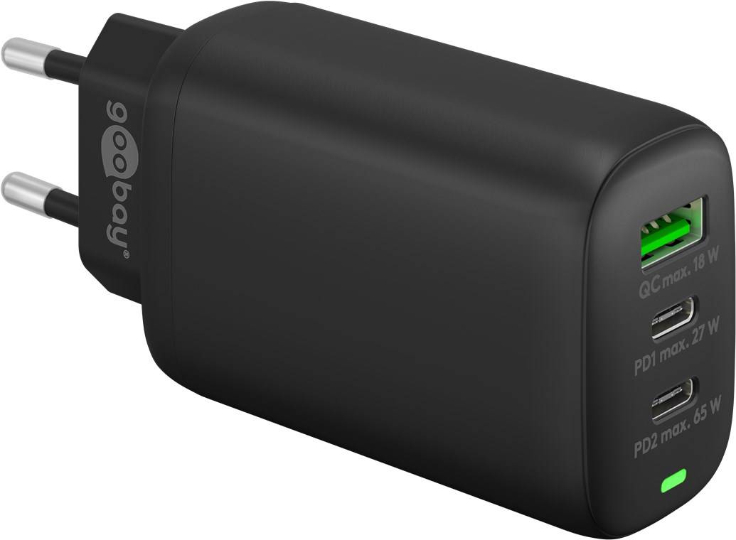 Chargeur rapide triple multiport Goobay USB-C™ PD (65 W) noir - adaptateur de charge avec 2x ports USB-C™ (Power...