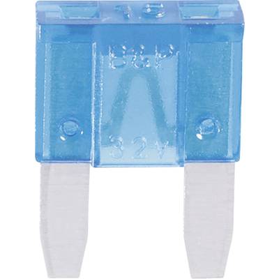 Un fusible plat bleu portant l'inscription '32V'. Il dispose de deux contacts métalliques en bas et est utilisé dans les systèmes électriques.