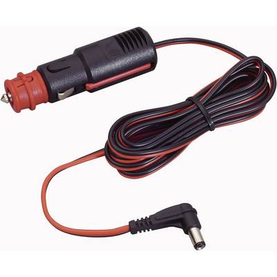 Câble de charge automobile noir et rouge avec fiche pour allume-cigare et sortie DC. Adapté pour charger des appareils dans la voiture.