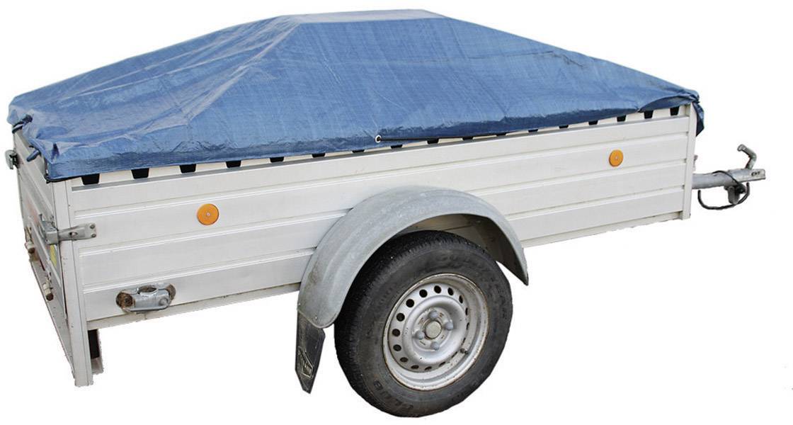 Une remorque à bâche bleue, à essieu unique et à carrosserie argentée.