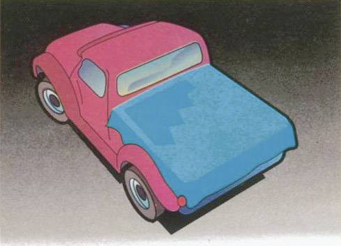 Une voiture à la carrosserie rouge et au capot bleu est représentée de manière stylistiquement simplifiée sur un fond gris.