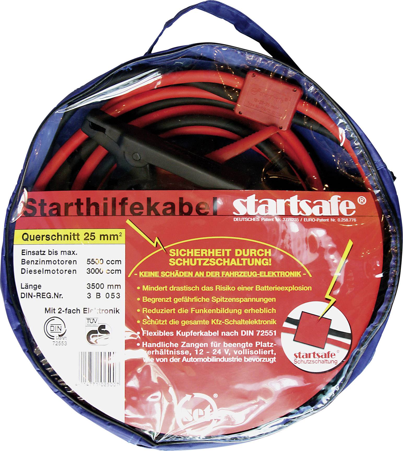 Câbles de démarrage dans une sacoche de transport, section 25 mm², intensité maximale de 3000 A, avec protection électrique et conducteur flexible en cuivre-aluminium.