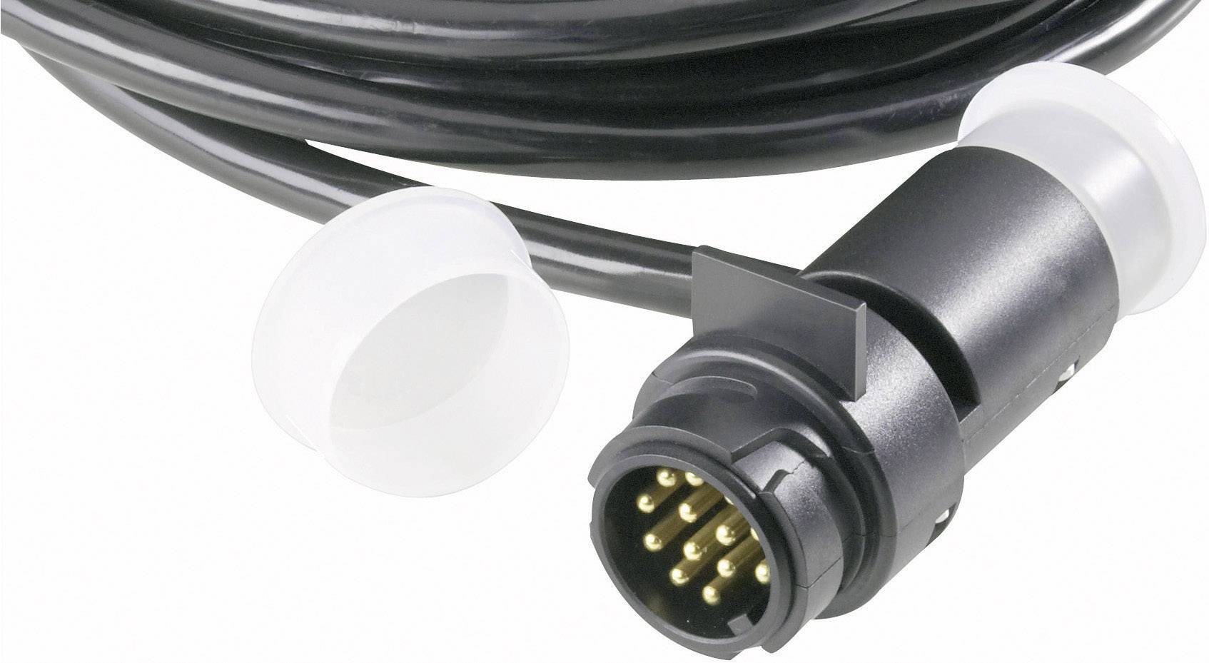 Câble noir avec fiche de connexion ronde, plusieurs contacts dorés et un capuchon de protection blanc amovible.