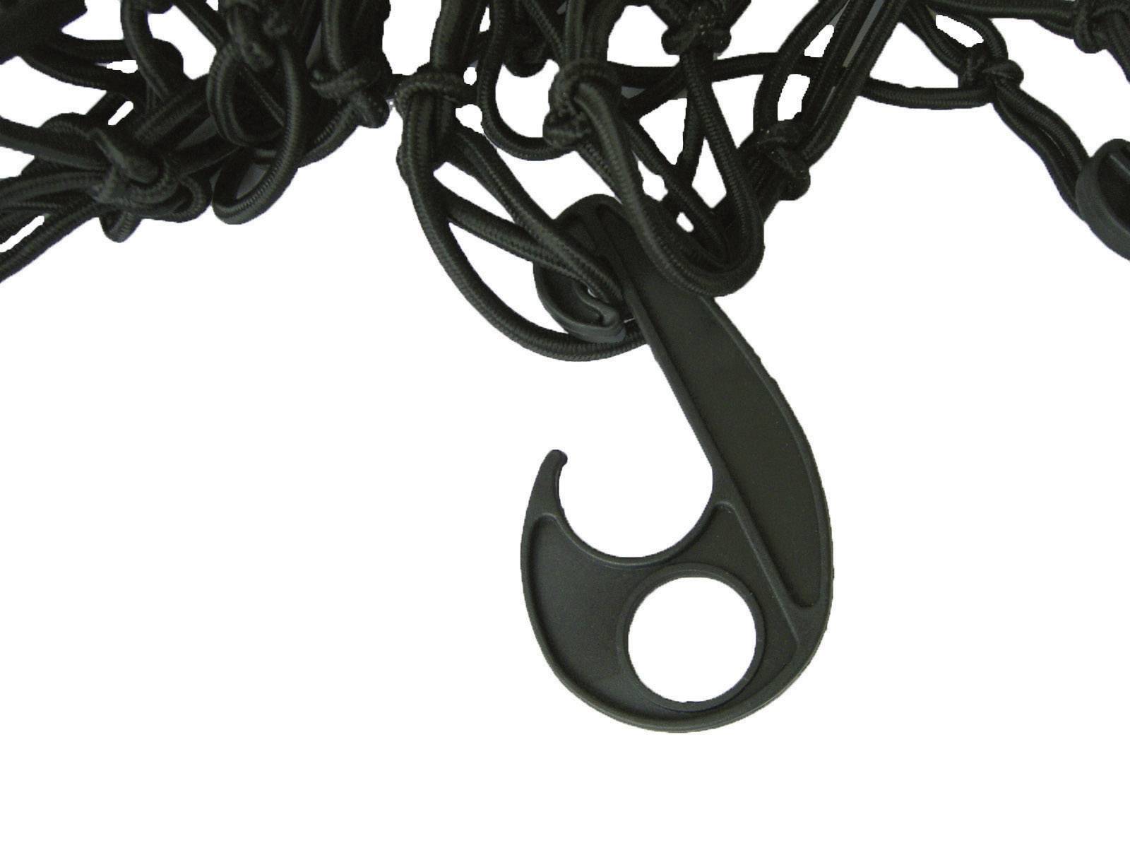 Un filet élastique noir avec des crochets pour maintenir des objets, par exemple sur un vélo ou dans une voiture.