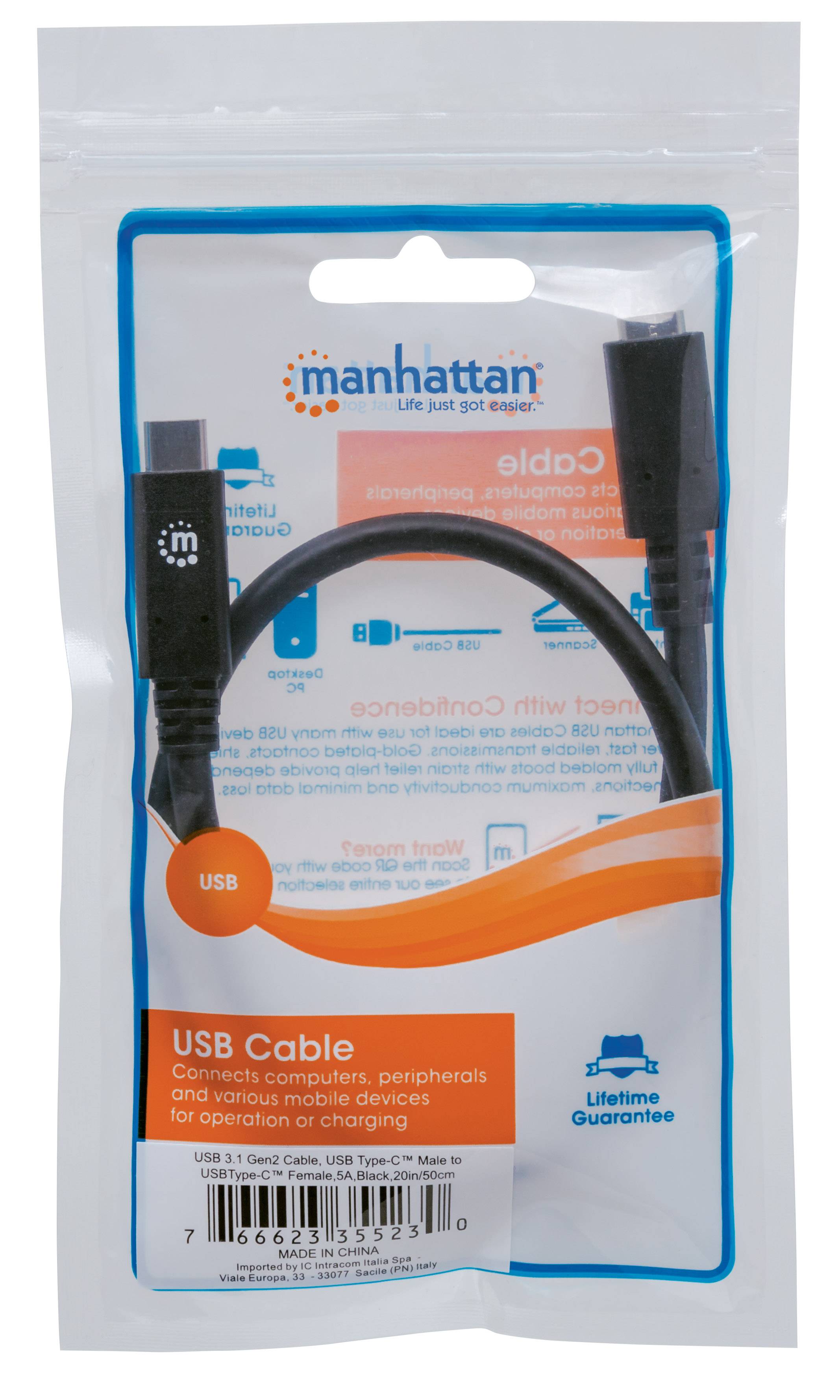 Manhattan Câble USB USB 3.2 Gen2 USB-C® mâle, USB-C® femelle 0.50 m noir 355230-5