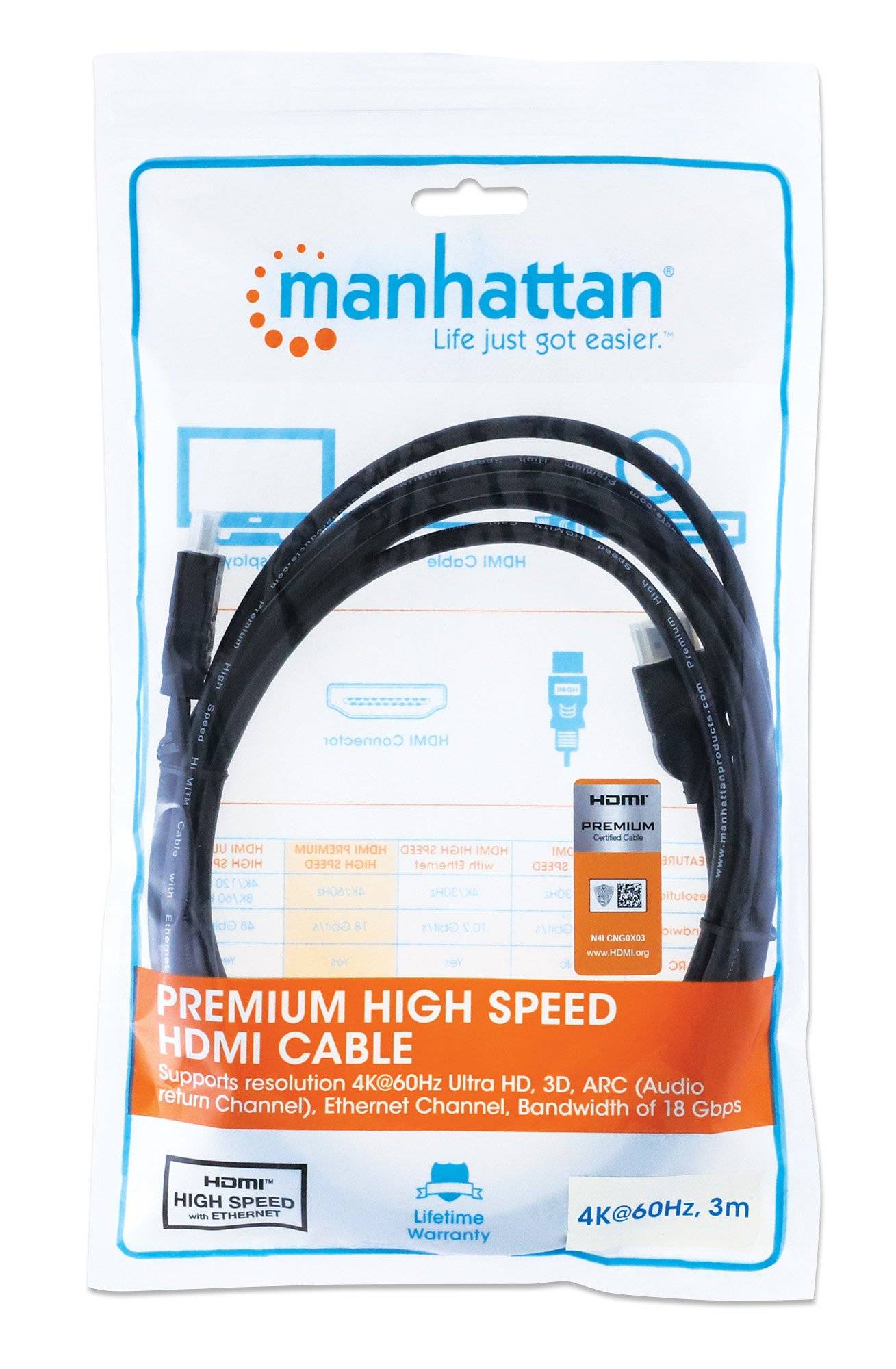 Câble de raccordement Manhattan HDMI Fiche mâle HDMI-A, Fiche mâle HDMI-A 3.00 m noir 355353 canal de retour audio, cont-4