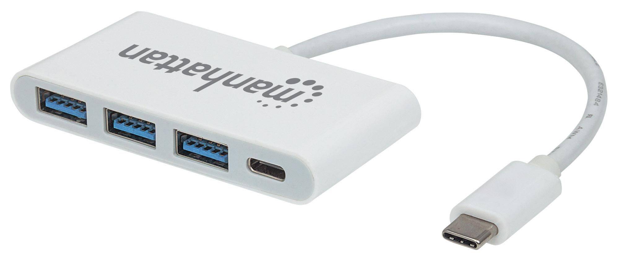Manhattan 163552 Hub USB 3+1 ports USB 3.1 (Gen 1), USB-C® avec port de charge rapide, avec fiche mâle USB-C blanc 16355-5