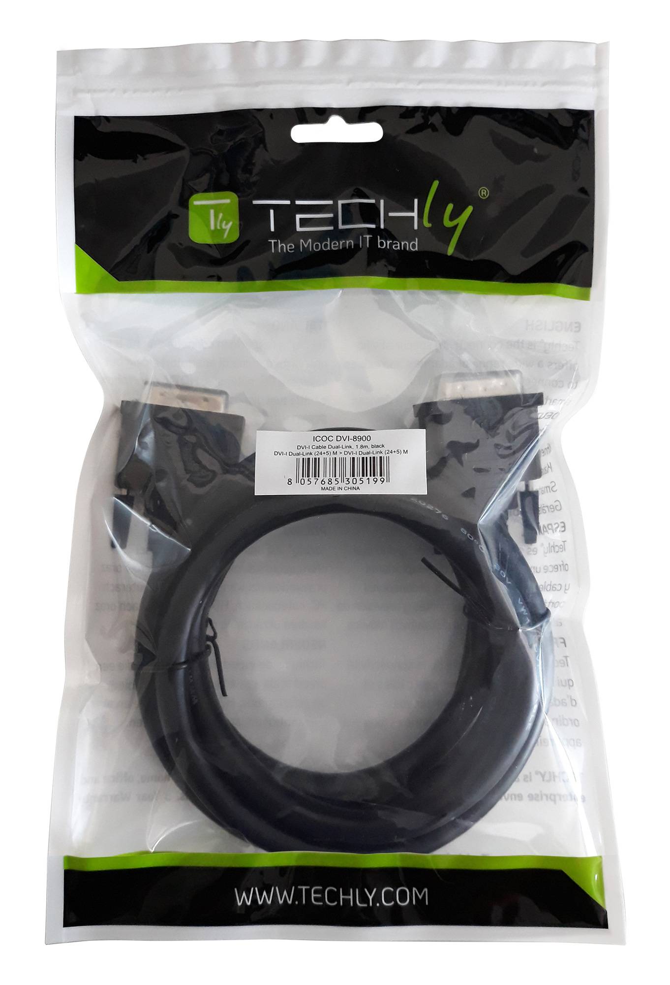 Câble de raccordement TECHly DVI Fiche mâle DVI-I 24+5 pôles, Fiche mâle DVI-I 24+5 pôles 1.80 m noir ICOC-DVI-8900 Câbl-5