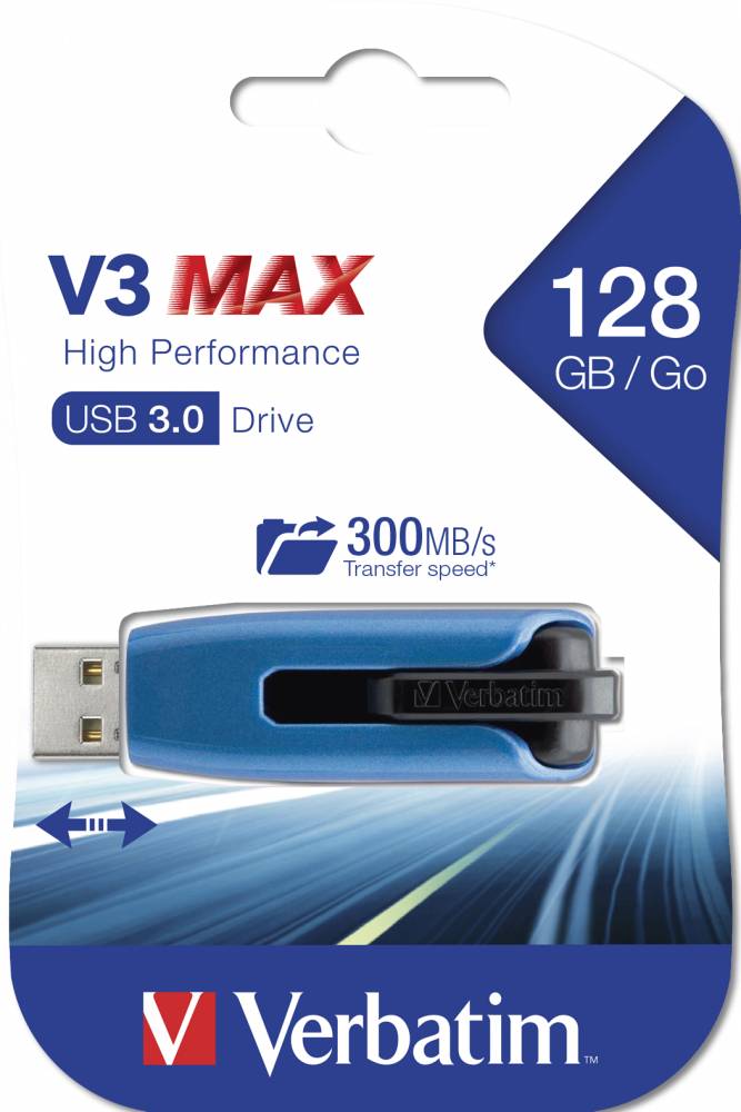 Clé USB 3.2 Verbatim 128 Go, V3 MAX, bleu-noir Type-A, (R) 300 Mo/s, (W) 70 Mo/s, blister de vente au détail-6