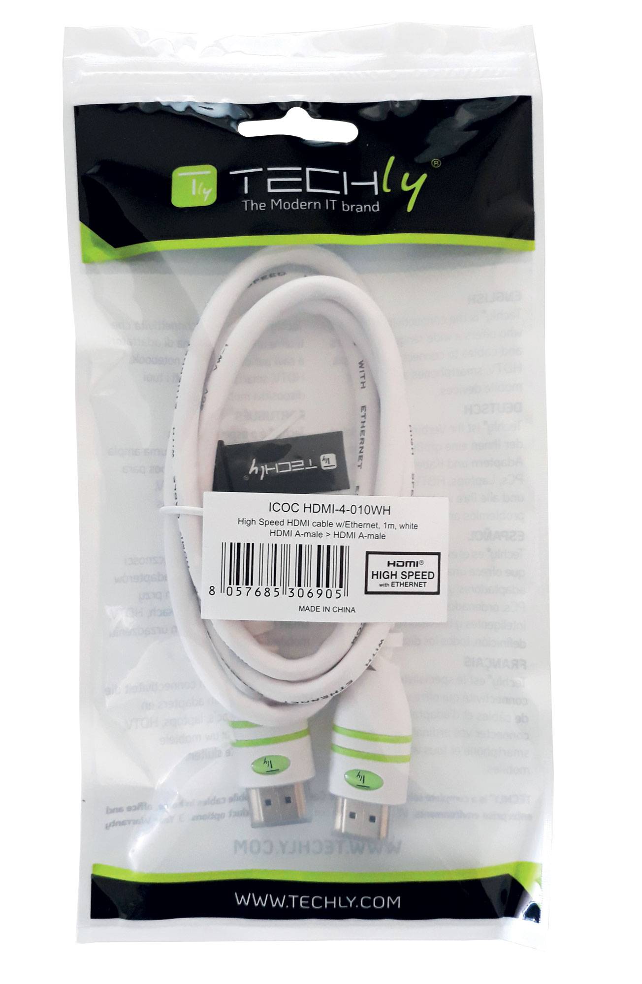 Connecteur TECHly HDMI Fiche mâle HDMI-A 5 m blanc ICOC-HDMI-4-050WH Câble réseau, câble patch-8