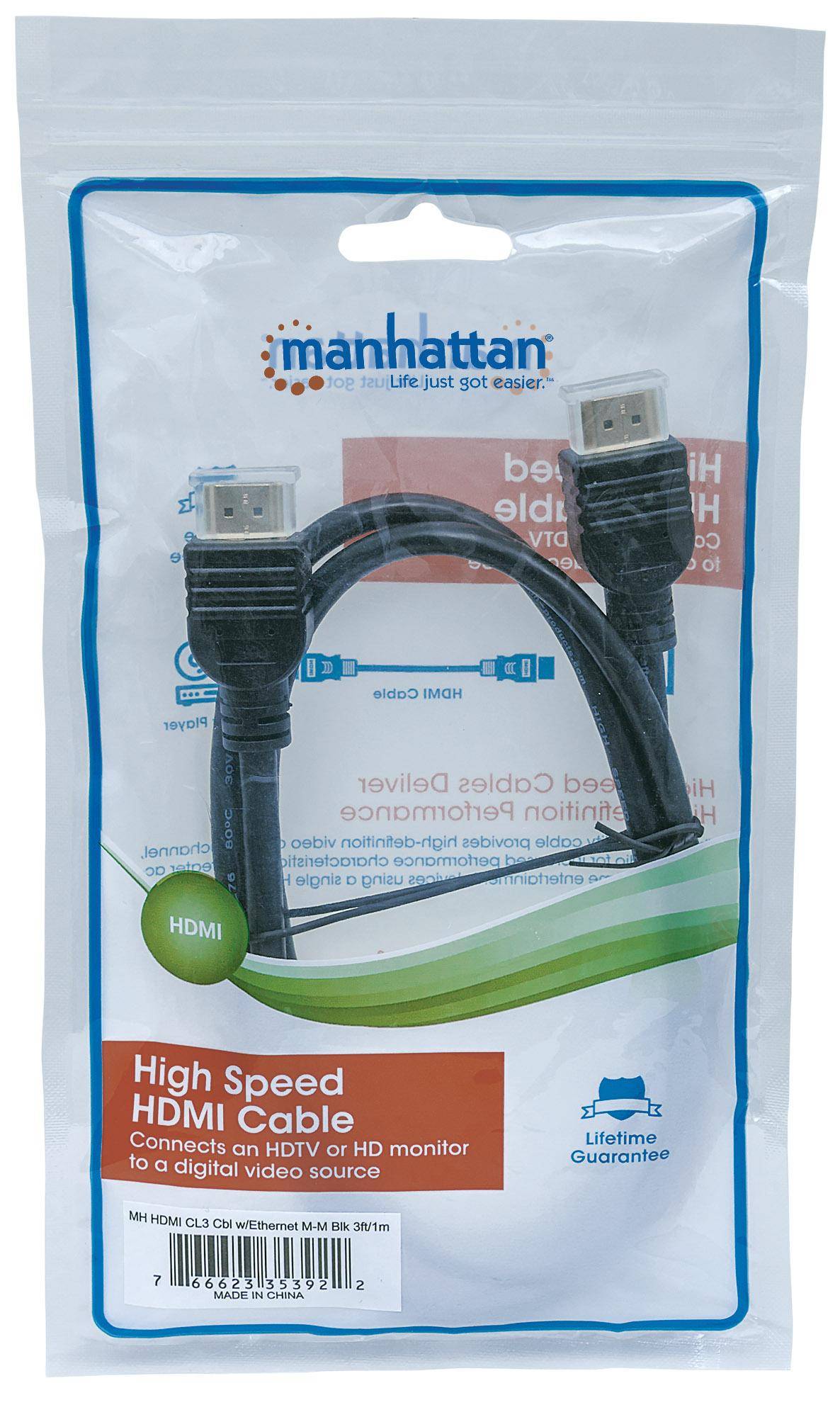 Câble de raccordement Manhattan HDMI Fiche mâle HDMI-A, Fiche mâle HDMI-A 2.00 m noir 353939 4K UHD, certifié UL Câble H-4