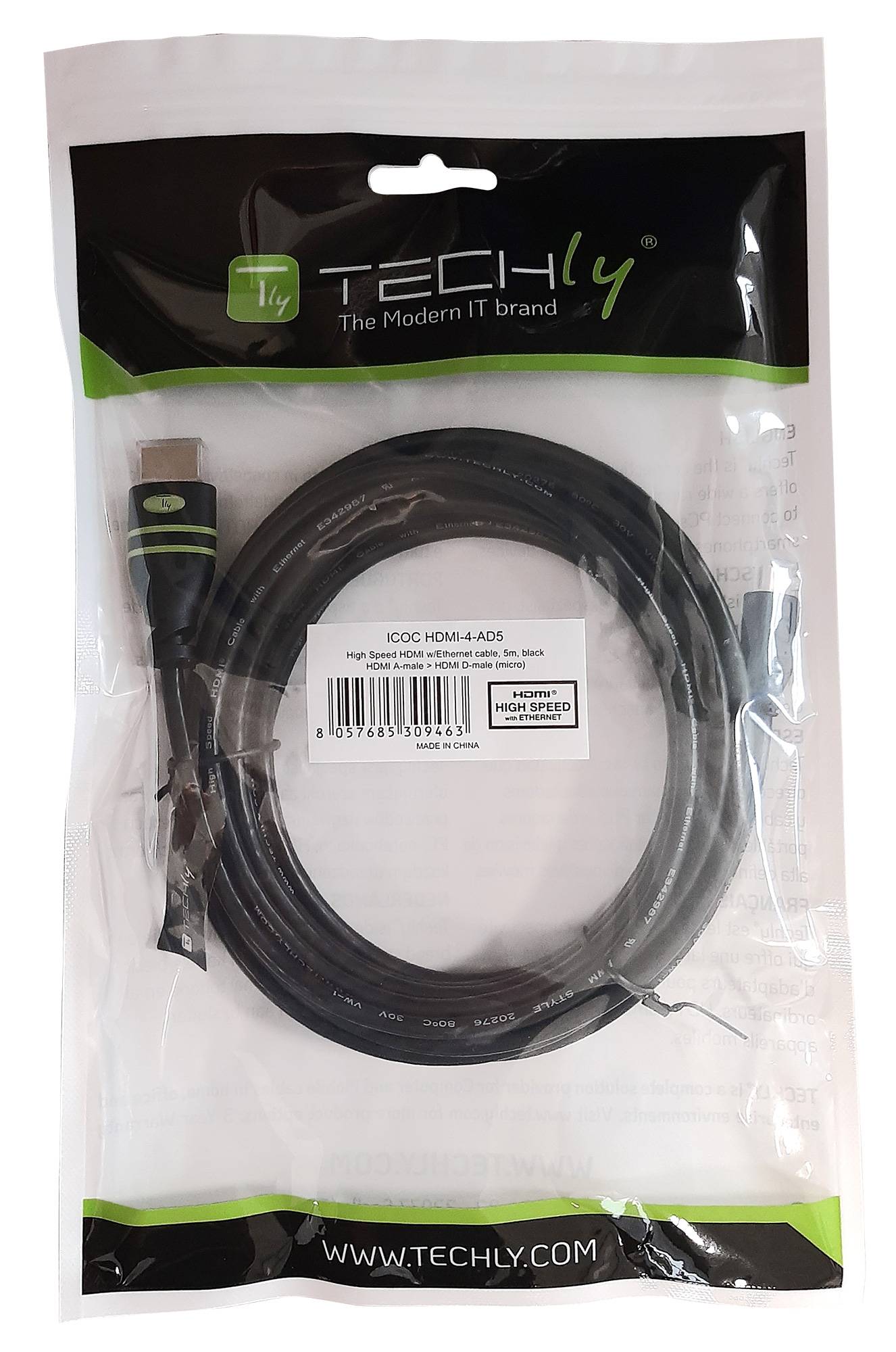 Câble de raccordement TECHly HDMI 5.00 m noir ICOC-HDMI-4-AD5 Câble HDMI-1