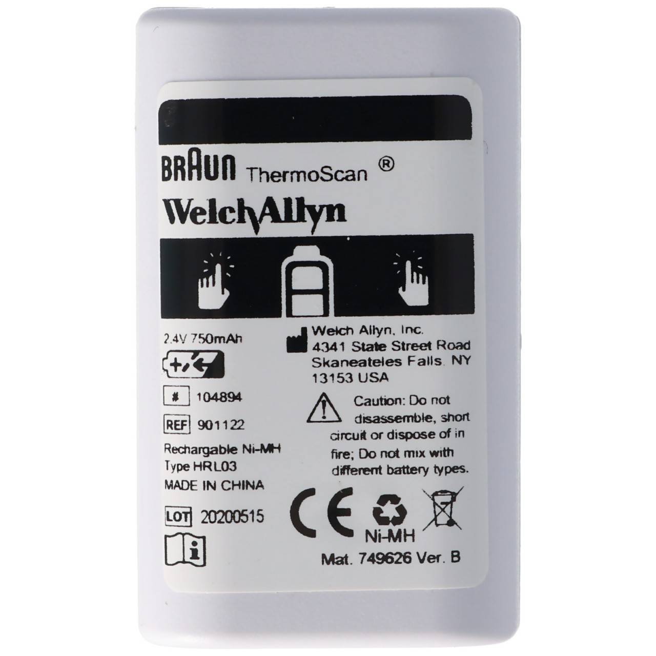 Batterie NiMH d'origine marron, Welch Allyn Thermoscan Pro 6000 - Type 104894-4