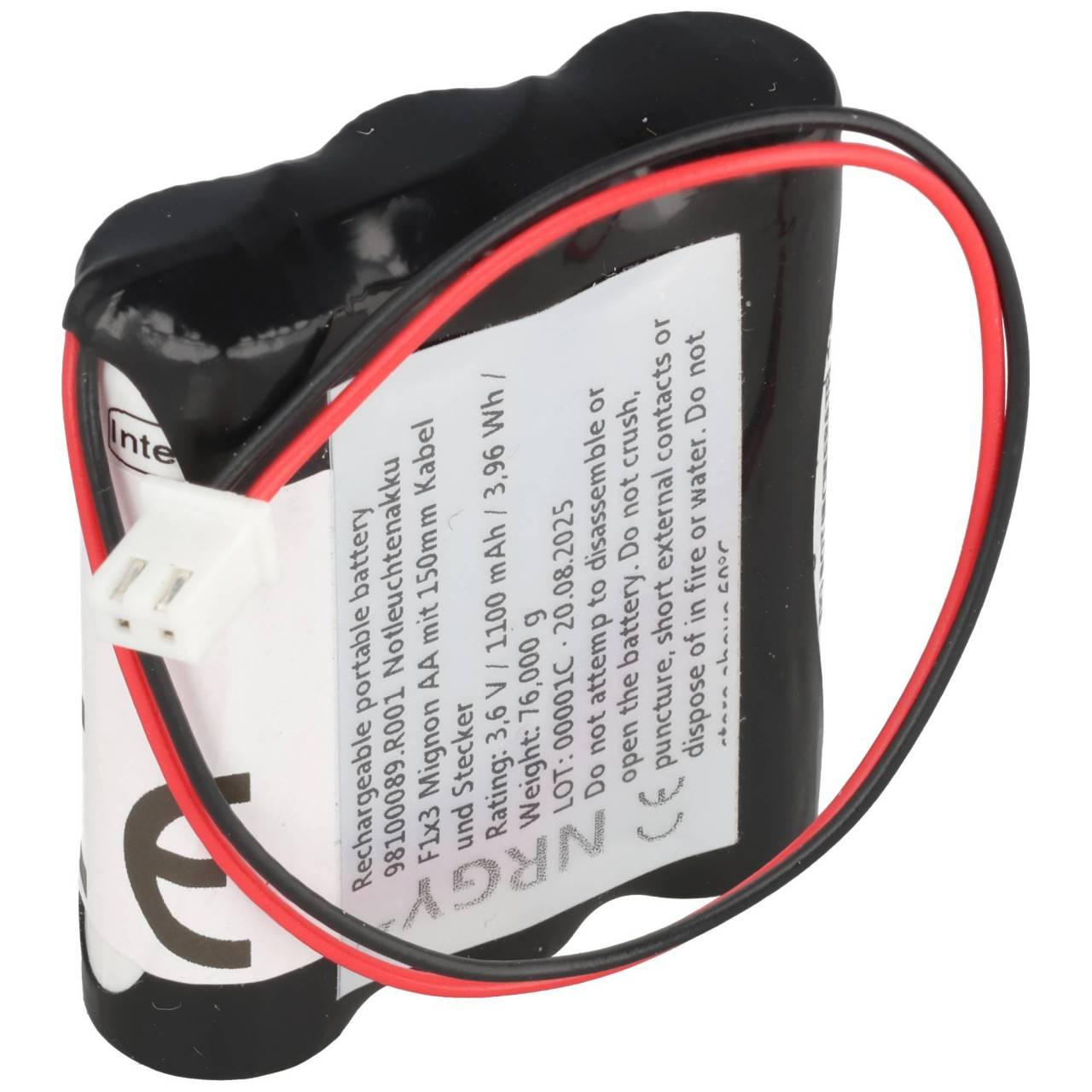 Batterie lumière de secours NiMH 3.6V 1100mAh F1x3 Mignon AA avec câble de 150mm et fiche appropriée pour batterie 3.6V-0