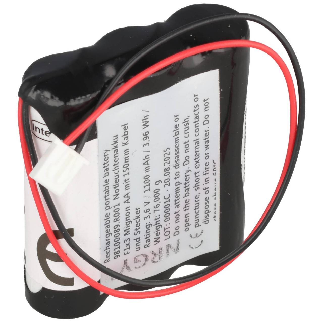 Batterie lumière de secours NiMH 3.6V 1100mAh F1x3 Mignon AA avec câble de 150mm et fiche appropriée pour batterie 3.6V-2
