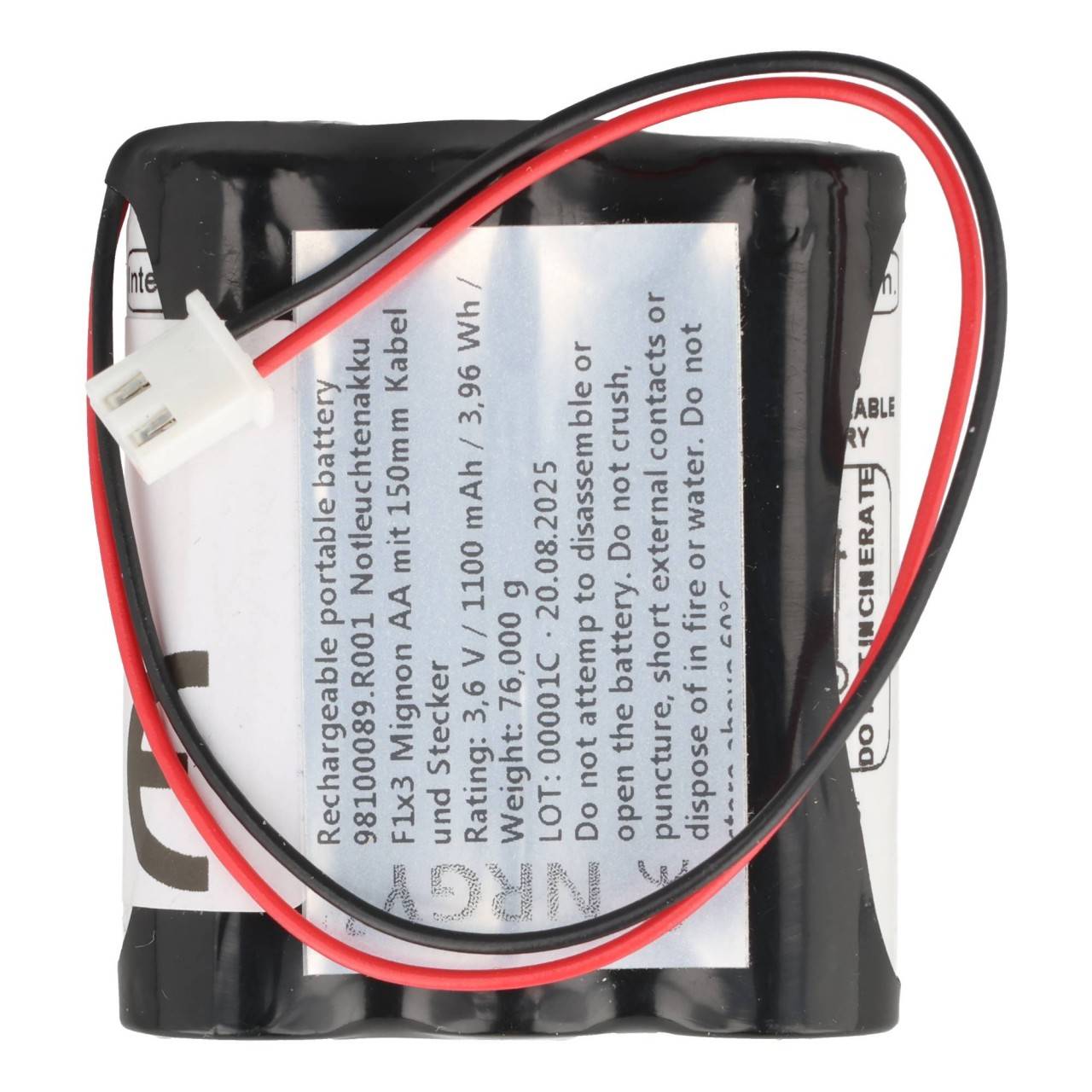 Batterie lumière de secours NiMH 3.6V 1100mAh F1x3 Mignon AA avec câble de 150mm et fiche appropriée pour batterie 3.6V-3