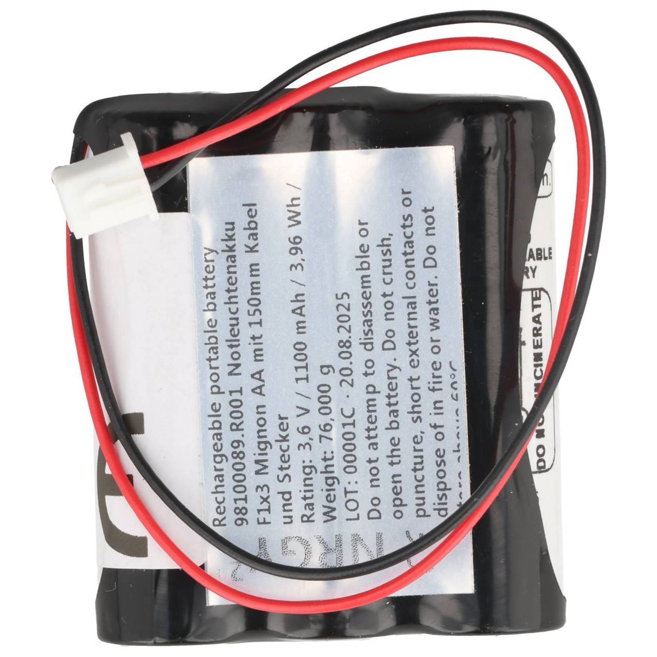Batterie lumière de secours NiMH 3.6V 1100mAh F1x3 Mignon AA avec câble de 150mm et fiche appropriée pour batterie 3.6V-4