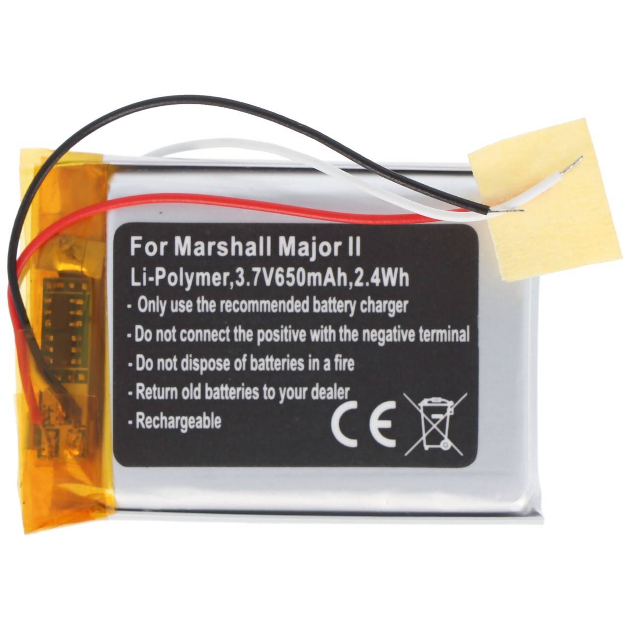 Batterie adaptéee pour Marshall Major II, Li-Polymer, 3.7V, 650mAh, 2.4Wh, intégrée, sans outils-3
