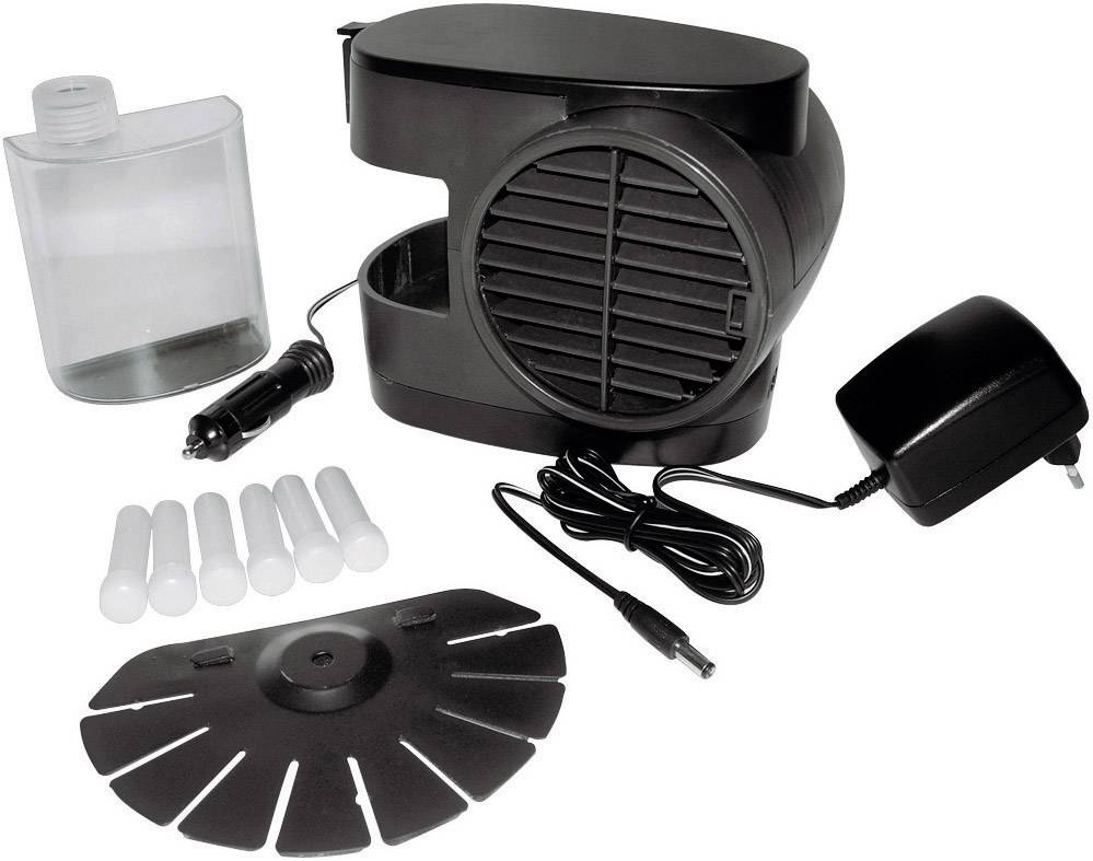 Chauffage automobile avec bloc d'alimentation, adaptateur allume-cigare, buses interchangeables, grille de ventilation ronde et récipient en plastique.