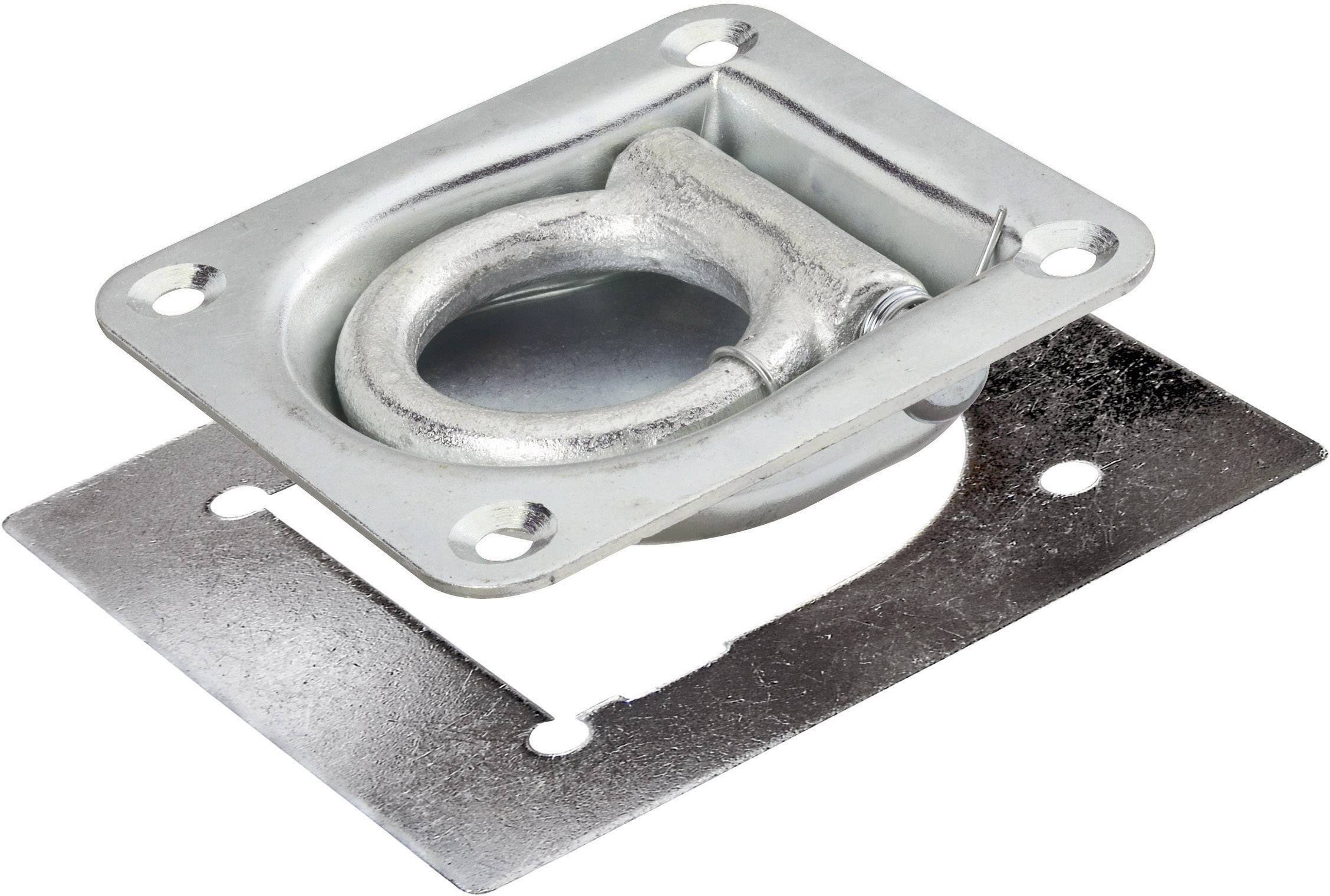 Poignée métallique rectangulaire en forme d'anneau avec une prise circulaire, entourée d'une plaque métallique plate et amovible percée de quatre trous de vis.