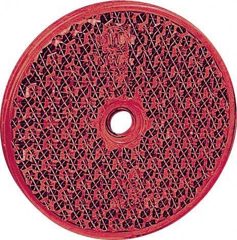 Lentille réfléchissante rouge et ronde, avec une structure géométrique et une ouverture centrale de fixation. Utilisée pour la sécurité routière ou cycliste.
