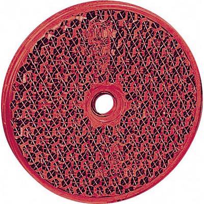 Lentille réfléchissante rouge et ronde, avec une structure géométrique et une ouverture centrale de fixation. Utilisée pour la sécurité routière ou cycliste.