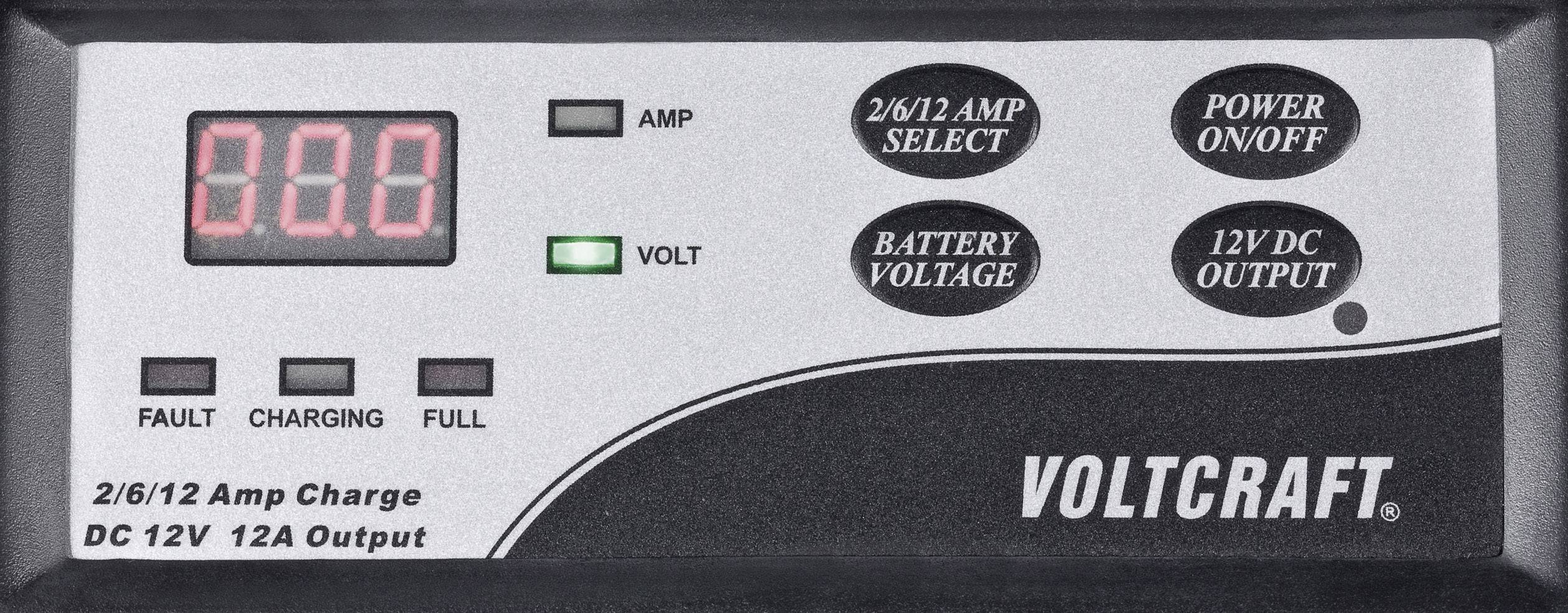 Face avant d'un chargeur avec un affichage numérique montrant '0,0' ampère, une LED verte pour la tension, des boutons pour la sélection de l'ampérage et la mise en marche/arrêt.