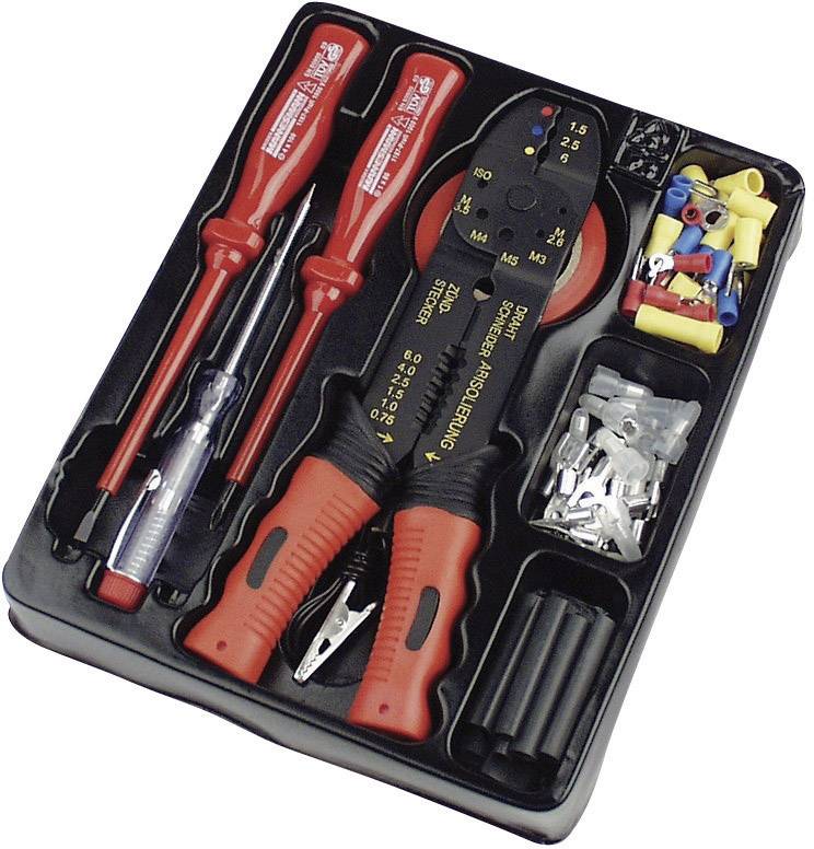 Boîte à outils comprenant des tournevis, des coupe-fils, des colliers de serrage, des bornes de connexion et des gaines isolantes. Adapté aux travaux électriques.