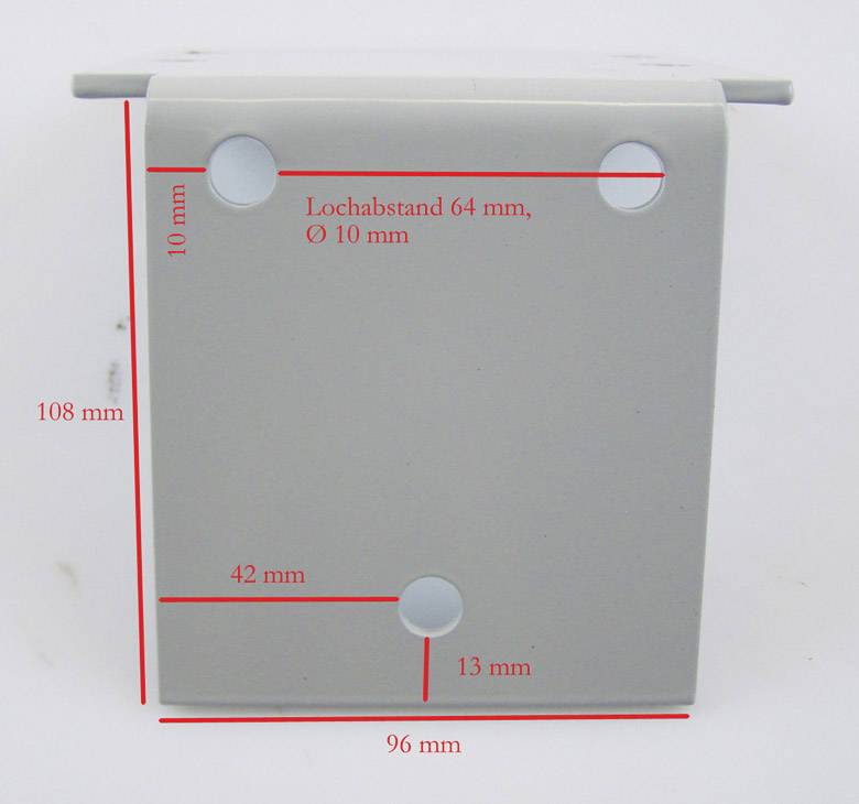 Pièce en plastique avec trous percés et dimensions : hauteur 108 mm, largeur 96 mm, écart entre les trous 64 mm, diamètre des trous 10 mm, distances verticales 10 mm, 42 mm, 15 mm.