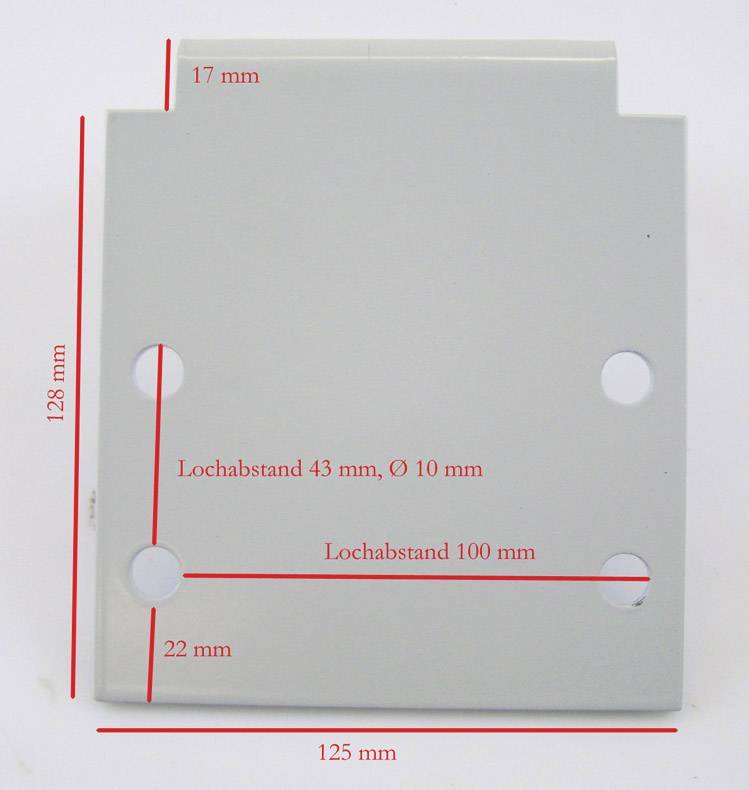 Élément de construction rectangulaire gris avec des écarts de trous : 43 mm, 100 mm ; diamètre des trous : 10 mm. Dimensions : 128 mm de hauteur, 125 mm de largeur.