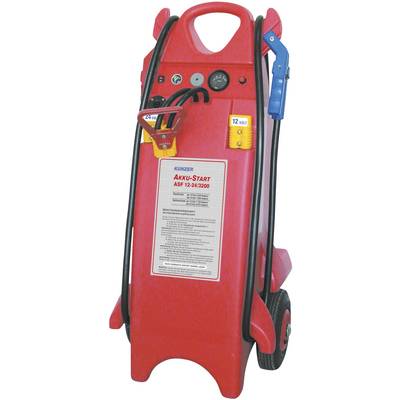 Un boîtier de démarrage de batterie rouge avec câbles et connexions, portant le nom de marque 'Kunzer', numéro de modèle 'ASF 12-242300' sur la face avant.