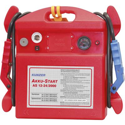 Booster de démarrage de batterie rouge avec câbles bleu et rouge, indicateur de tableau de bord et instructions d'avertissement/d'utilisation, modèle 'AKKU-START AS 12-24/2000'.
