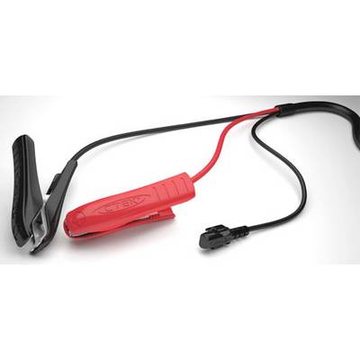Un câble de charge de batterie rouge et un autre noir avec des pinces, reliés par un câble, sur un fond gris.