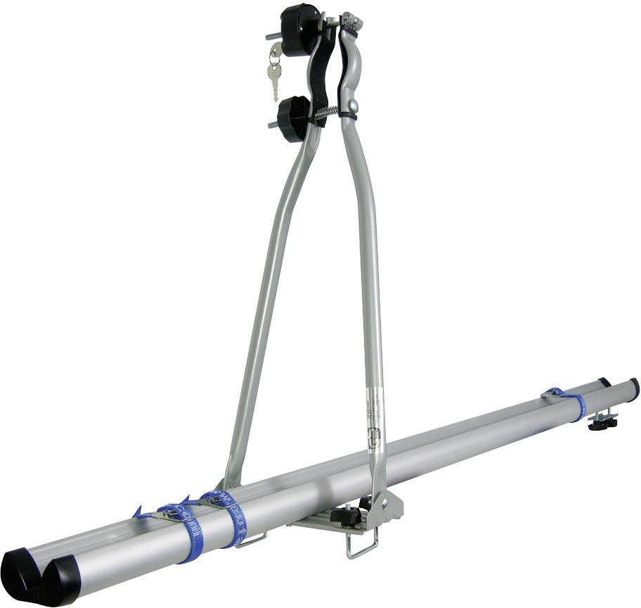 Porte-vélos de toit pour voiture, couleur argent, avec sangles bleues et serrure pour une fixation sécurisée d'un vélo.