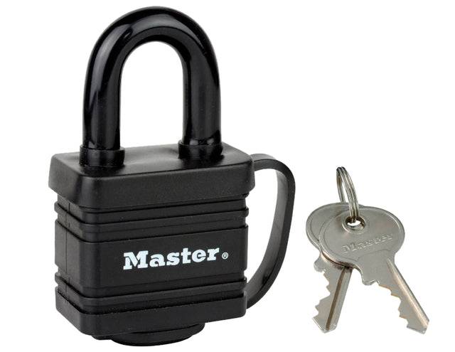 Master Lock 7804EURD Cadenas en Acier Laminé à Clé et Protection Thermoplastique, Noir, 7,8 x 4 x 2,9 cm-0